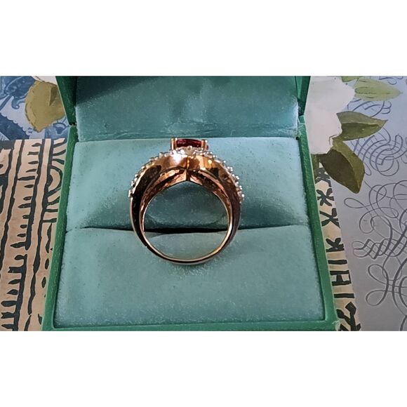 Vintage Signed SJ 925 Ruby & Simulated Diamond Rose Gold Statement Ring Sz 8 - Picture 5 of 5